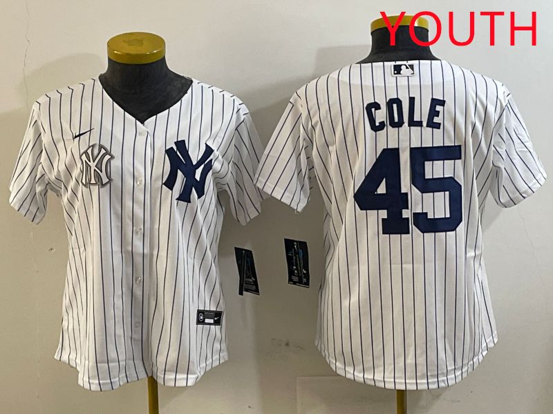 Youth New York Yankees #45 Cole White Stripe Game 2025 Nike MLB Jersey style 9